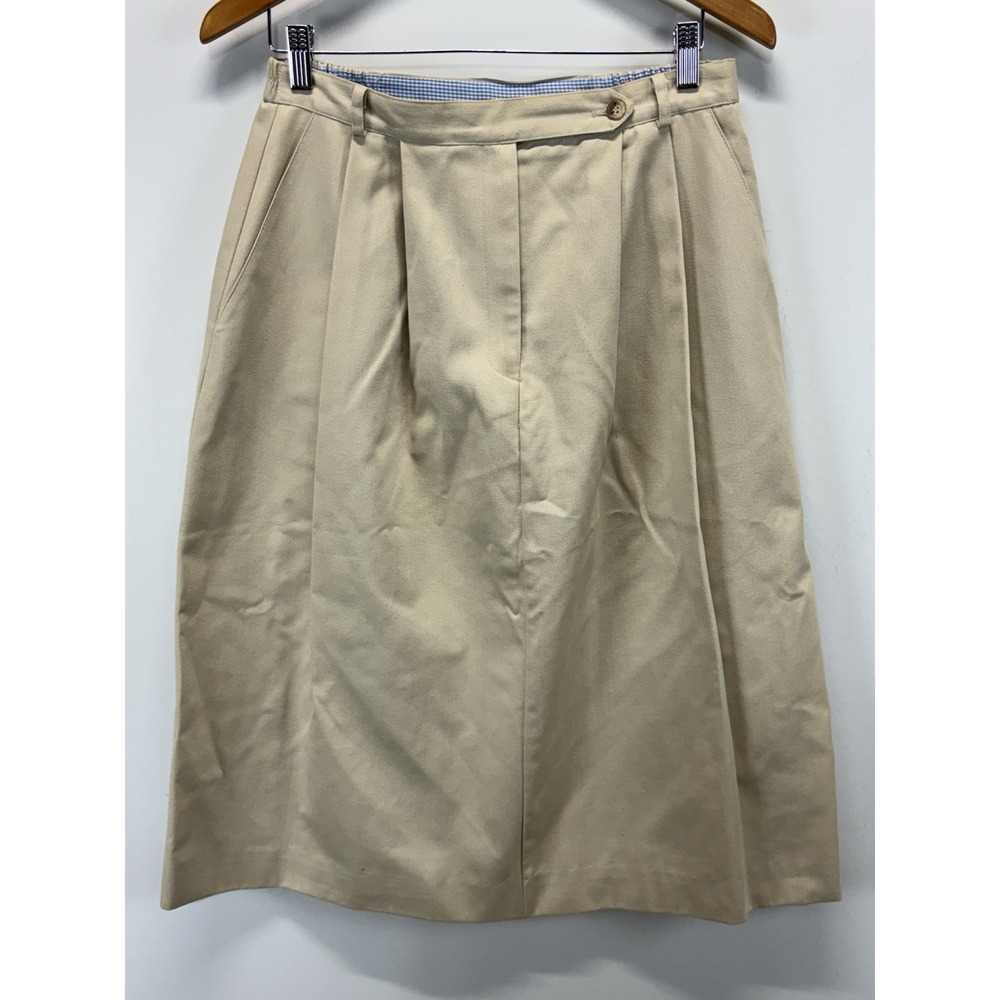 Vtg Talbots Chino Midi Skirt Women's 12p Petites Beige Pleated 90s Teacher Core